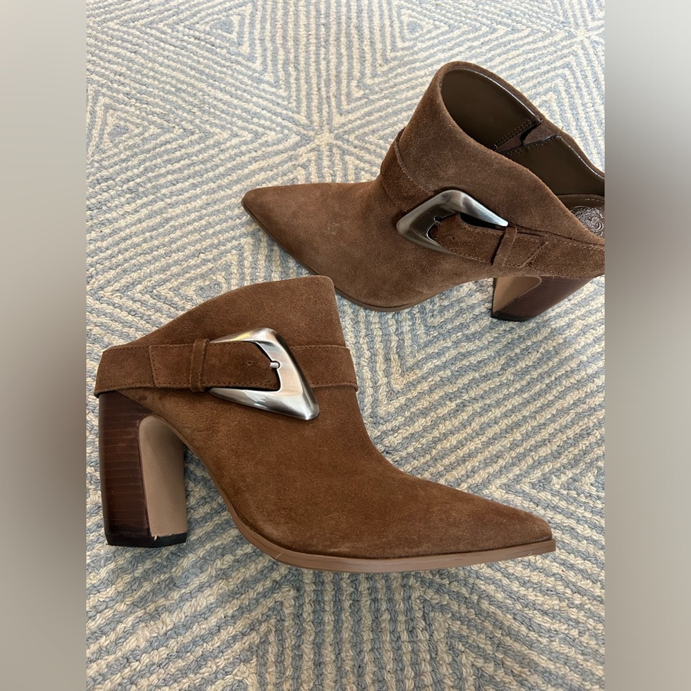 Vince Camuto Brown Suede Pointed Buckle Block Heel Booties
